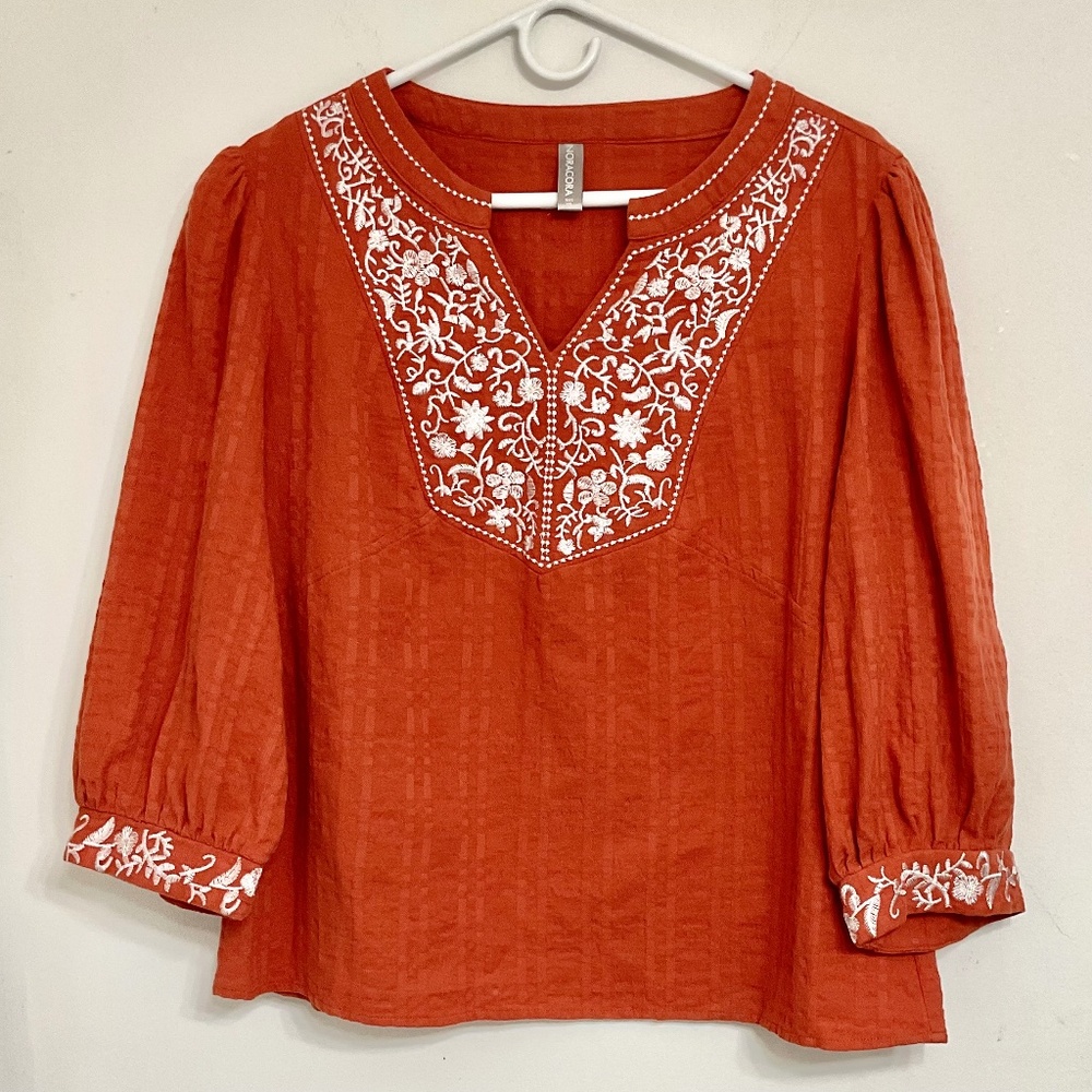 Noracora Women's Embroidered 3/4 Sleeve Tunic Blouse Orange XXL